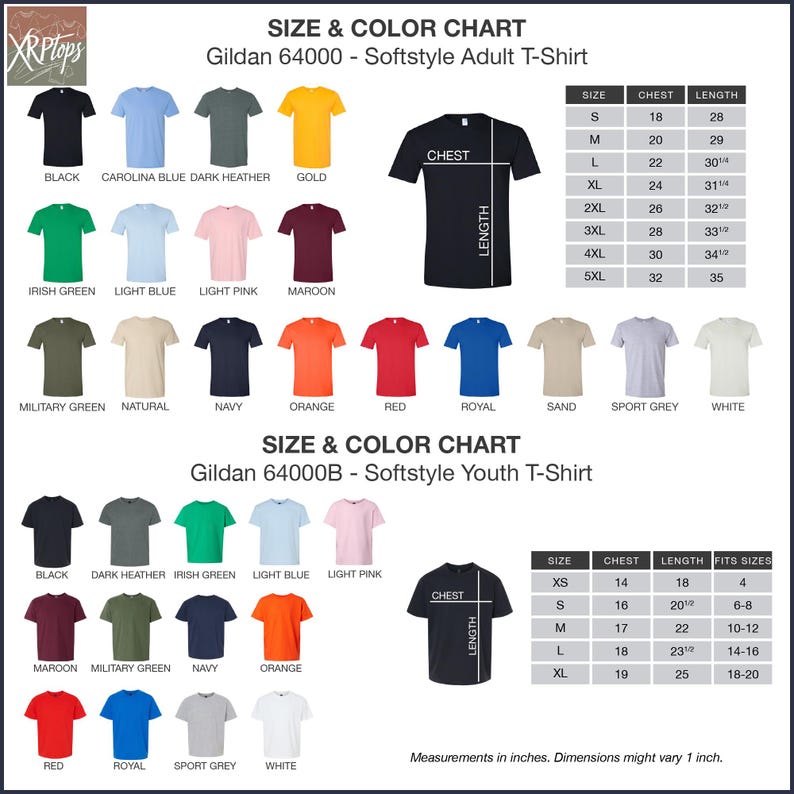 The image is a size and color chart for a Gildan 64000 softstyle youth t-shirt. It displays various color options and corresponding chest and length measurements for different sizes.