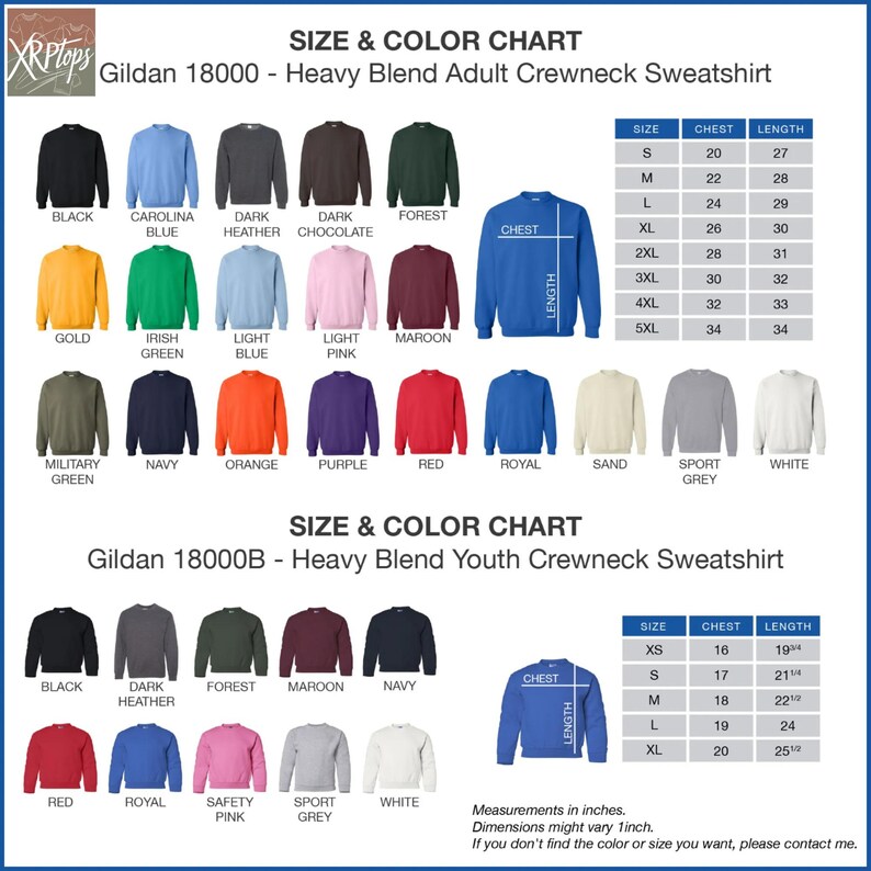 The image is a size and color chart for a Gildan 180000 - Heavy Blend Adult Crewneck Sweatshirt. It displays a variety of different colored shirts, including black, blue, green, orange, purple, red, royal, and grey, along with their corresponding chest and sleeve measurements. The chart provides a visual representation of the different sizes available for the shirt, allowing customers to easily choose the color and size that best fits their preferences.