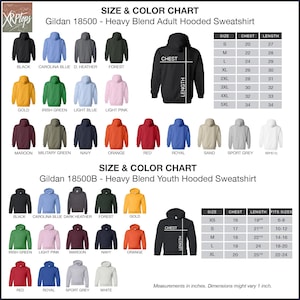 The image is a size and color chart for a Gildan 18500B - Heavy Blend Youth Hooded Sweatshirt. It displays various color options and sizes for the hooded sweatshirt, including black, blue, green, orange, red, royal, sand, sport grey, white, maroon, military green, navy, orange, red, and light pink. The chart provides measurements for each color and size, allowing customers to choose their preferred options.