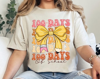Coquette 100 Days of School Shirt, Girly Bow Pencil Design (Pink Ribbon) 634430