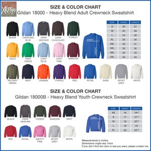 The image is a size and color chart for a Gildan 180000 - Heavy Blend Adult Crewneck Sweatshirt. It displays a variety of different colored shirts, including black, blue, green, orange, purple, red, royal, and grey, along with their corresponding chest and sleeve measurements. The chart provides a visual representation of the different sizes available for the shirt, allowing customers to easily choose the color and size that best fits their preferences.