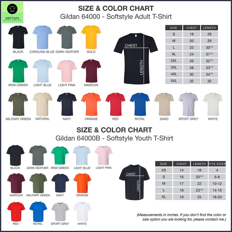 a chart showing the size and color of a t - shirt