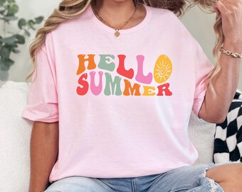 Hello Summer Retro Shirt, Groovy Summer Shirt, Vintage Sunshine Beach Shirt, Colorful Hippie Summer Vacation Tee 635814