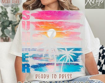 Summer Vibes Sunset Heat Press Transfer,  Tropical Beach Oil Painting DTF Transfer, Ready to Press Direct to Film Prints