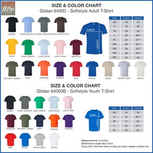 The image is a size and color chart for a softstyle adult t-shirt. It displays various t-shirt designs in different colors and sizes, along with their corresponding measurements. The chart provides a visual representation of the different options available for customers to choose from when purchasing a softstyle youth t-shirt.