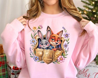 Floral Zootopia Police Badge Sweatshirt, Judy Hopps Sweatshirt, Nick Wilde Sweatshirt, Zootopia Hoodie, Zootopia Police Crewneck, 633858