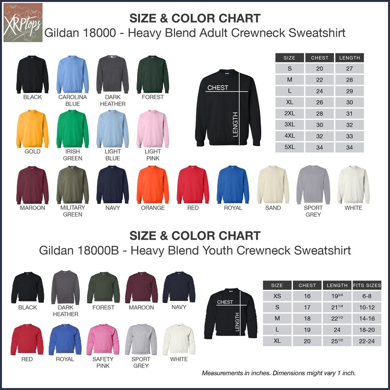 The image is a size and color chart for a Gildan 180000 - Heavy Blend Adult Crewneck Sweatshirt. It displays a variety of different colored shirts, including black, blue, green, orange, red, royal, and grey, along with their corresponding chest and length measurements.