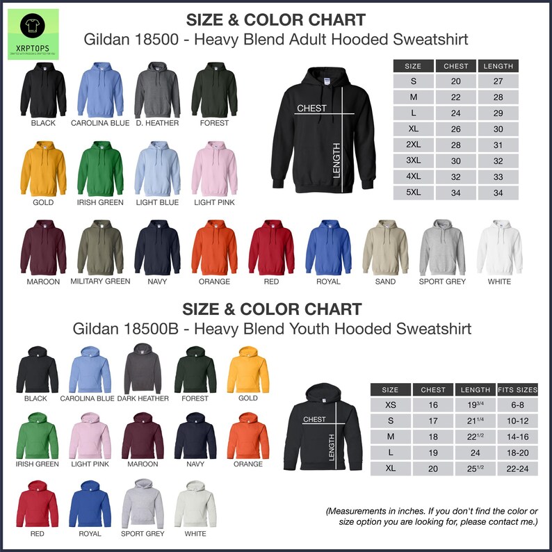 the size and color chart for a men's hoodie