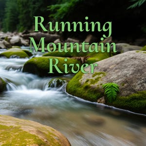 May include: A close-up of a rushing mountain river with moss-covered rocks. The water is clear and flowing quickly over the rocks. The text "Running Mountain River" is superimposed over the image.