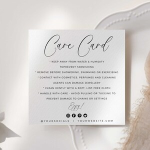 Editable Care Card Template, Printable DIY Small Business Branding Minimalist Modern Candle Clothing Jewlery Care Card Packaging Insert T6