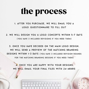 May include: A white background with black text outlining the process for designing a logo. The text reads: "the process" 1. After you purchase, we will email you a logo questionnaire to fill out. 2. We will design you 6 logo concepts within 5-7 days (you have 3 included revisions if you need them). 3. Once you have decided on the main logo design, we will send a preview of the matching branding designs within 1-3 days (you have 3 included revision rounds for the matching branding designs if you need them). 4. Once you are happy with your designs, we will email your final files within 24-48hrs.