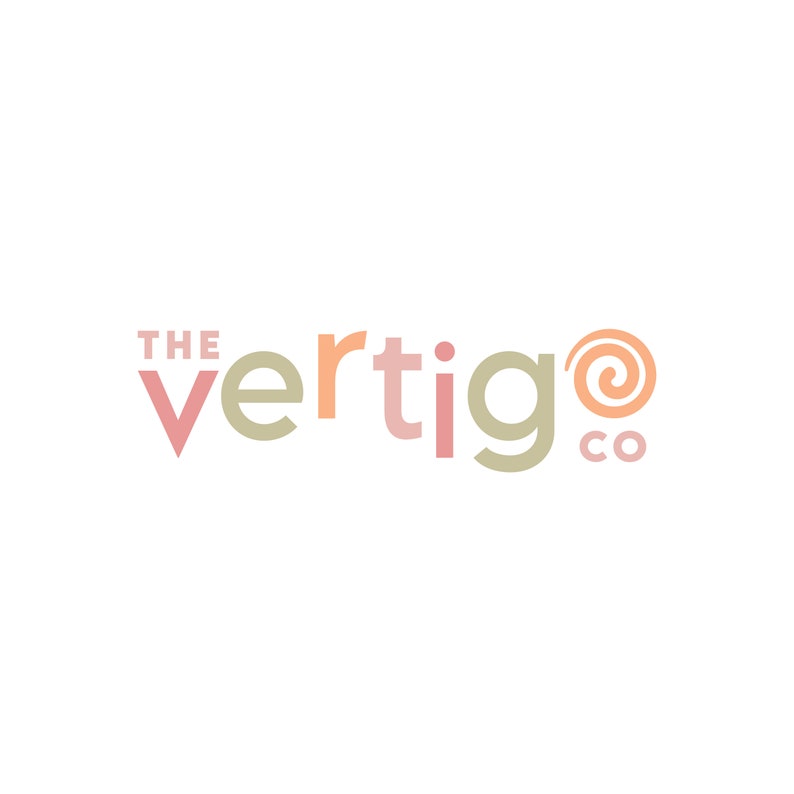 May include: The Vertigo Co. logo features the word "Vertigo" in a stylised font with each letter in a different pastel colour. The "V" is pink, the "er" is green, the "ti" is peach, the "go" is green, and the "Co." is in a smaller font below the word "Vertigo" in a peach colour. A stylised spiral in peach is to the right of the word "Vertigo".