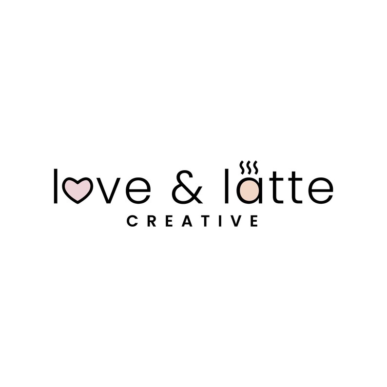 May include: Black and white logo with the text "love & latte creative" with a pink heart replacing the "o" in love and a brown coffee cup with steam replacing the "a" in latte.
