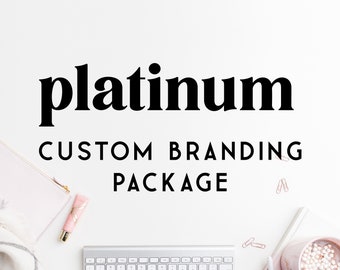 May include: A white background with the text "platinum CUSTOM BRANDING PACKAGE" in black bold font. The image also includes a keyboard, a pink notebook, a pink tube of lotion, and a pink cup with marshmallows.