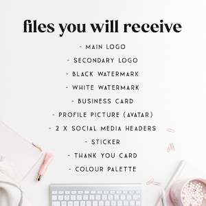May include: A list of files you will receive when you purchase a branding package. The files include a main logo, secondary logo, black and white watermarks, a business card, a profile picture, two social media headers, a sticker, a thank you card, and a colour palette.