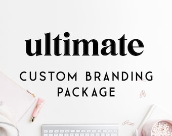 May include: A white background with the text "ultimate CUSTOM BRANDING PACKAGE" in black bold font. The image also includes a keyboard, a pink notebook, a pink tube of lotion, and a pink mug with marshmallows.