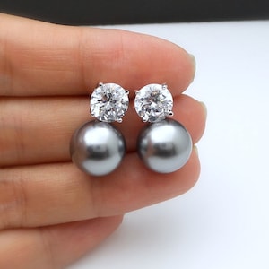 Bridal Jewelry Bridal earrings bridesmaid gift gray 12mm round pearl 8mm cubic zirconia rhodium silver post round stud earrings