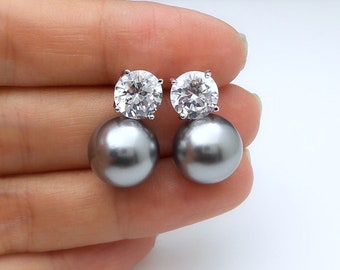 Bridal Jewelry Bridal earrings bridesmaid gift gray 12mm round pearl 8mm cubic zirconia rhodium silver post round stud earrings