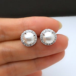 bridesmaid gift bridal earrings wedding jewelry half round pearl stud earrings post white cream pearl halo cubic zirconia rhodium image 1