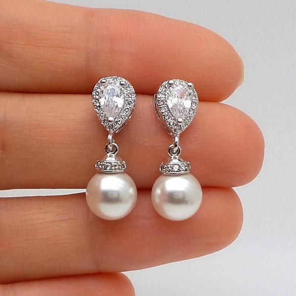 Post Clip on wedding bridal jewelry bridesmaid gift prom round off white or cream fancy 8mm pearl cubic zirconia deco teardrop post earrings