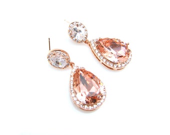 clip or post wedding jewelry bridal earrings bridesmaid teardrop vintage rose blush pink crystal clear oval cz  rose gold frame