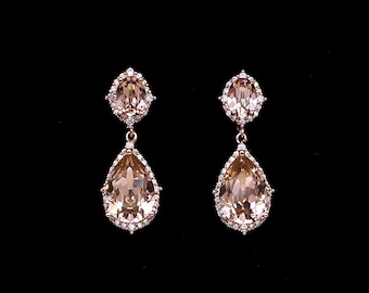 wedding jewelry bridal earrings bridesmaid gift teardrop vintage rose blush pink crystal rhinestone oval cz post rose gold frame