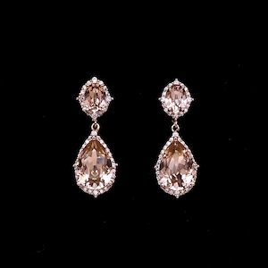 wedding jewelry bridal earrings bridesmaid gift teardrop vintage rose blush pink crystal rhinestone oval cz post rose gold frame