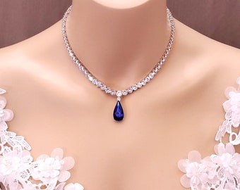 wedding jewelry prom bridal necklace pageant clear white round cubic zirconia statement rhodium emerald green royal blue fancy teardrop