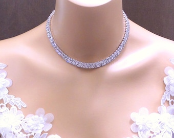 Bridal wedding jewelry necklace prom party AAA clear white cubic zirconia luxury white gold rhodium marquise collar choker tennis necklace