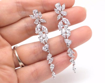 wedding bridal prom party jewelry Clear white cubic zirconia drops on cz flower rhodium silver cluster post earrings marquise statement