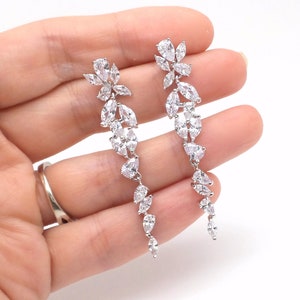 wedding bridal prom party jewelry Clear white cubic zirconia drops on cz flower rhodium silver cluster post earrings marquise statement