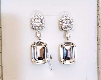 wedding jewelry fancy bling earrings bridal clear white vintage style rectangle square foiled crystal silver square cz post prom party