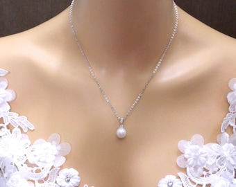 wedding bridal prom party Soft white 10mm shell pearl drop necklace with sterling silver chain