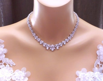 bruidsketting bruiloft sieraden prom optocht partij helder wit AAA marquise zirkonia choker kraag rhodium oorbellen ketting set