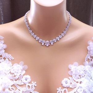 bridal necklace wedding jewelry prom pageant party clear white AAA marquise cubic zirconia choker collar rhodium earrings necklace set