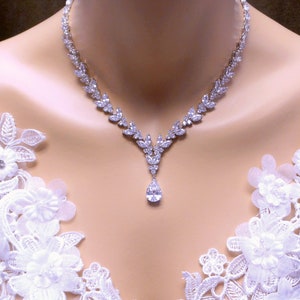 Bridal jewelry necklace wedding marquise multi shape clear white AAA cubic zirconia y shape cluster rhodium silver teardrop necklace