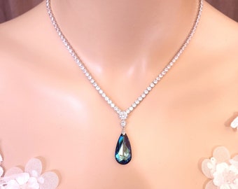 bridal necklace wedding jewelry bridesmaid prom party bermuda blue necklace teardrop rhodium silver cubic zirconia y necklace earrings set