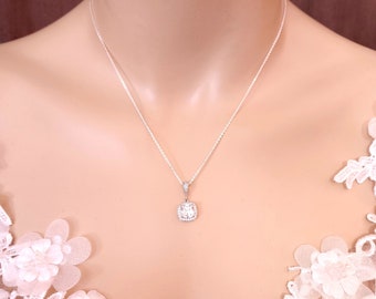 wedding bridal necklace bridesmaid gift prom square princess cushion cut clear white AAA cubic zirconia pendant sterling silver necklace