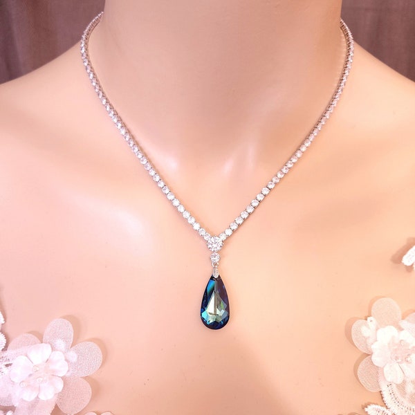 bridal necklace wedding jewelry bridesmaid prom party bermuda blue necklace teardrop rhodium silver cubic zirconia y necklace earrings set