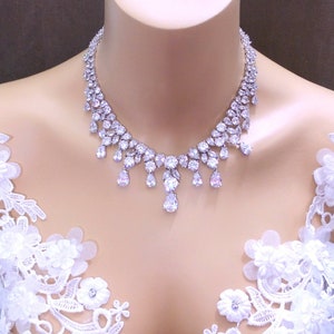 wedding jewelry prom bridal necklace pageant clear white multi shape cubic zirconia statement rhodium AAA clear white cubic round teardrop