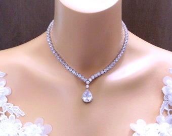 bridal necklace wedding jewelry bridesmaid prom party necklace 5mm round rhodium silver plated AAA cubic zirconia collar necklace choker