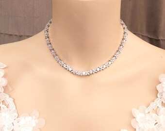 Bridal wedding jewelry necklace prom party AAA clear white cubic zirconia luxury white gold rhodium marquise collar choker tennis necklace