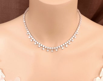 bridal necklace wedding jewelry prom party necklace three prong 4mm round rhodium silver plated AAA cubic zirconia collar necklace choker