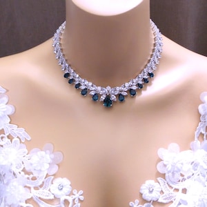 wedding jewelry prom bridal necklace pageant clear white multi shape cubic zirconia statement rhodium montana navy blue fancy teardrop