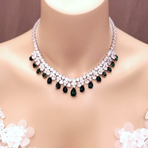 Wedding shops jewelry prom bridal necklace pageant clear white multi shape cubic zirconia statement rhodium siam red fancy crystal teardrop