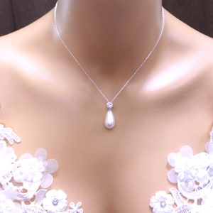 bridal jewelry wedding jewelry pearl necklace weddding bridal round cubic zirconia light cream shell teardrop necklace with silver chain