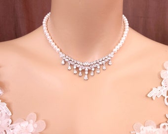 bridal jewelry wedding necklace white round crystal pearl strand necklace with rhodium silver gold cubic zirconia marquise cluster deco