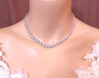 Bridal wedding prom necklace clear white AAA cubic zirconia luxury rhodium silver collar choker marquis round cluster multi shape necklace