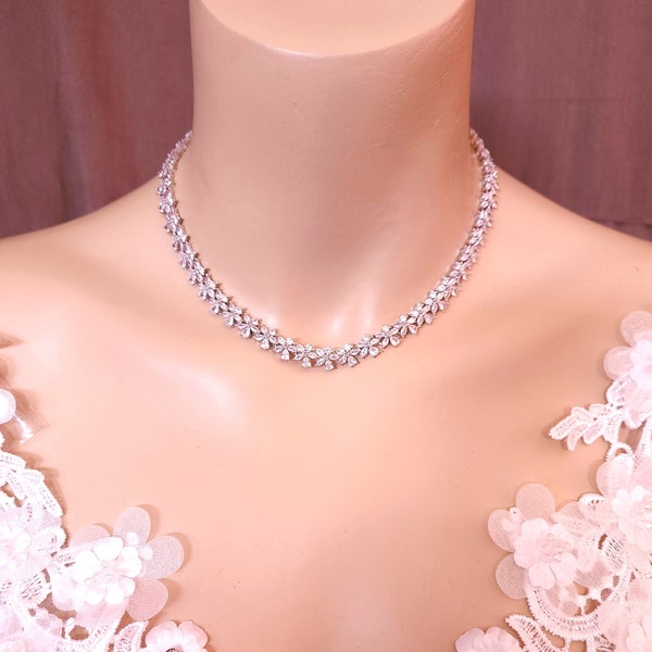 Bridal wedding prom necklace clear white AAA cubic zirconia luxury rhodium silver collar choker marquis round cluster multi shape necklace