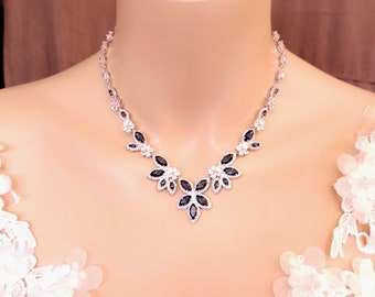 wedding jewelry prom bridal necklace set pageant clear white AAA cubic zirconia statement rhodium montana navy blue crystal fancy marquise